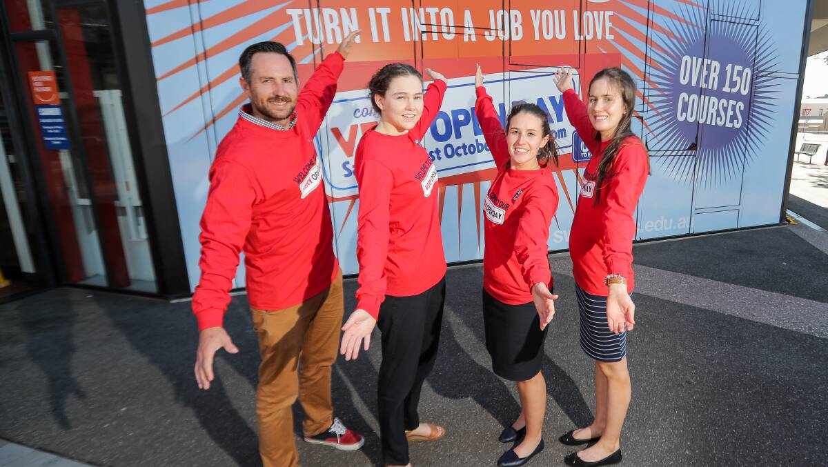 Guides: Glenn McKenzie, Ebony McCosh, Lisa Fraraccio and Emily Cowell are inviting members of the community to visit South West TAFE on Saturday. Picture: Morgan Hancock
