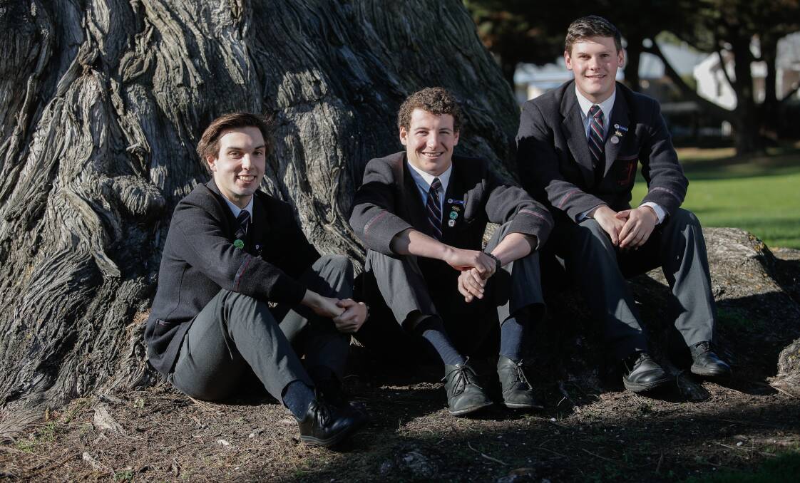 Mindful: Emmanuel College Year 12 students Noah Steel, Matt Hardiman and Jacob Pope plan to relax on the weekend. Picture: Amy Paton