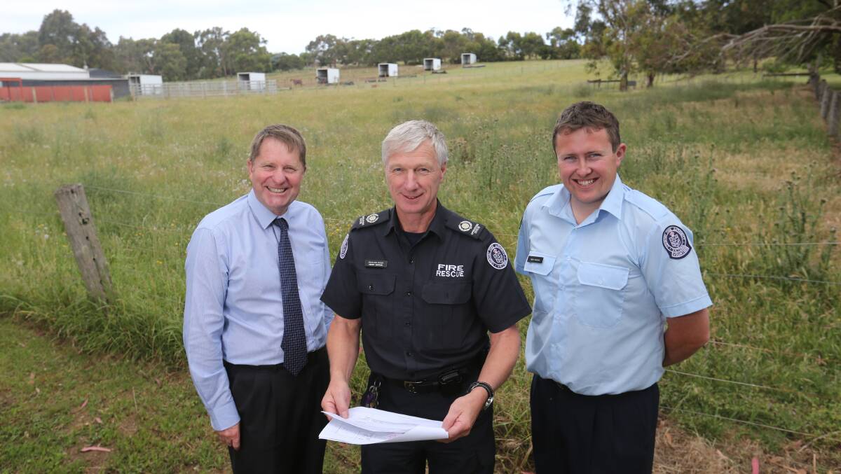 Open space: Moyne Health Services chief executive David Lee, CFA catchment officer Henry Barton and Koroit captain Leigh Mugavin at the Mill Street site where a new fire station is proposed. Picture: Vicky Hughson
