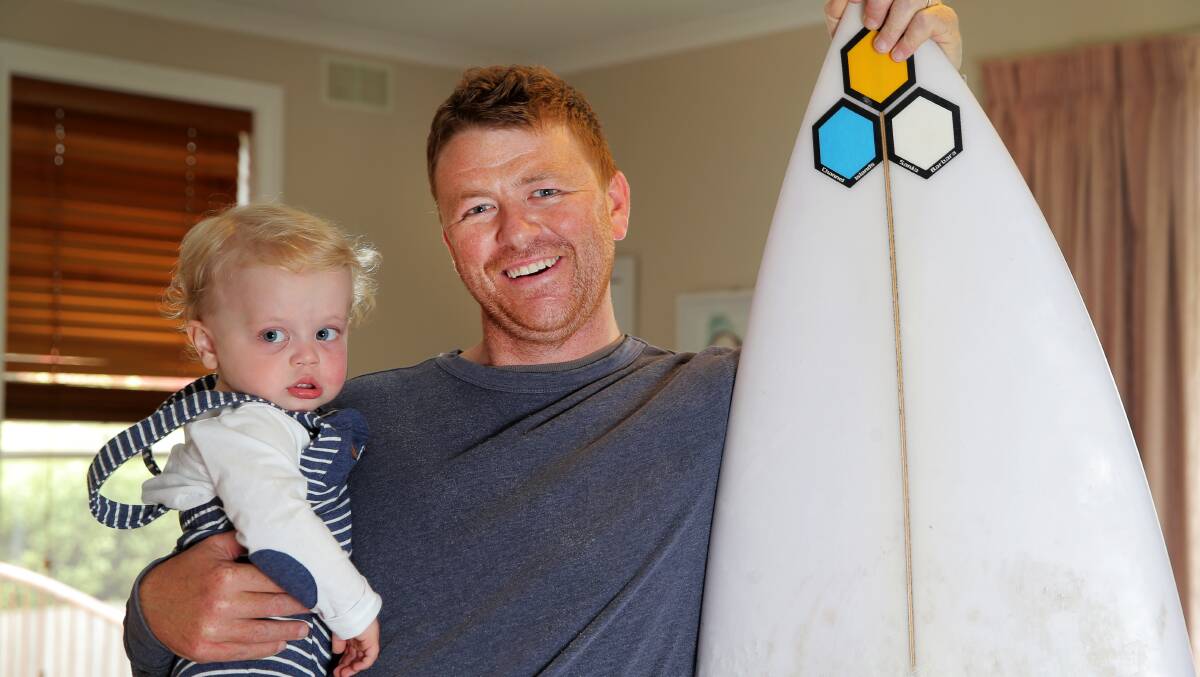 Family: Port Fairy's Zeb Armstrong will paddle between the town's various surf spots to raise money for his cousin Noah Dowie's medical costs. Picture: Rob Gunstone