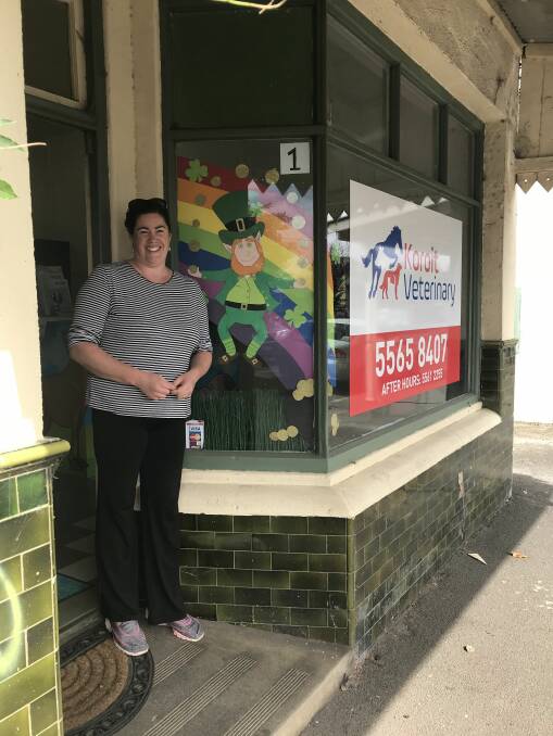Green: Koroit & District Kindergarten president Sam O’Keefe with Koroit Veterinary's leprechaun trail entry. Residents are encouraged to enter the iconic event and go in the running for some great prizes.