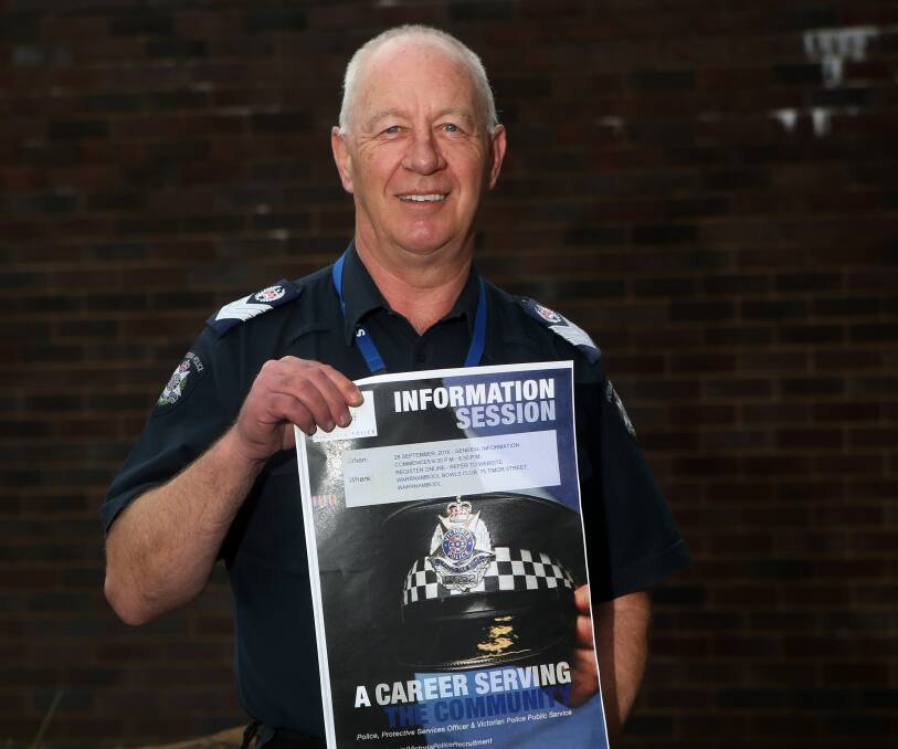 Change of career: Acting Senior Sergeant Chris Moloney promotes upcoming police recruitment information sessions in Warrnambool. Picture: Amy Paton