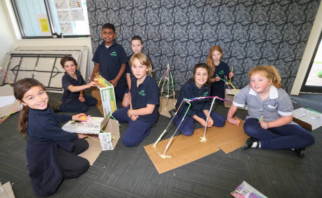 Learning: Koroit and District Primary School students work on their straw roller coasters ahead of the Maker Fest in Warrnambool on Friday and Saturday. Picture: Morgan Hancock
