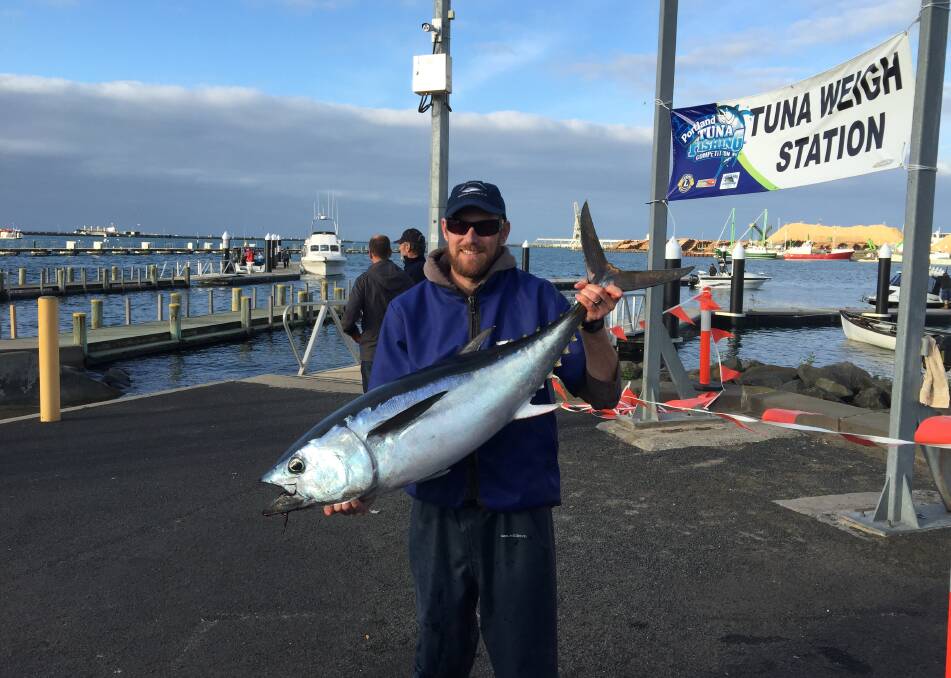 Contender: Portland angler Brodie Carter with the 20.5 kilogram tuna he caught on the weekend. 