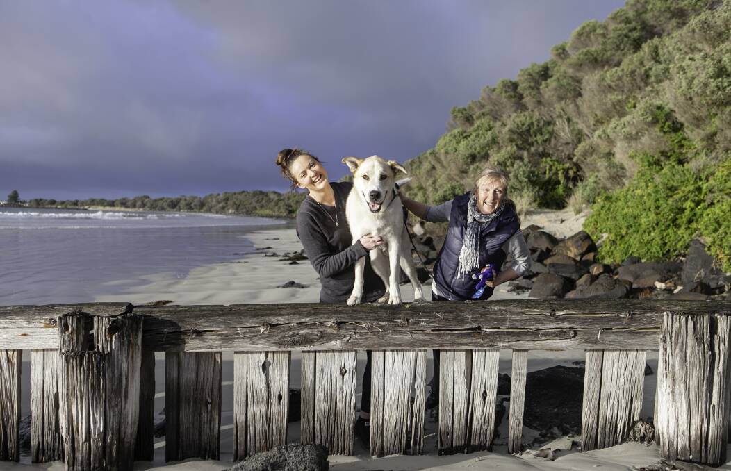 Smile: Port Fairy residents Myra Howard, Martina Murrihy and Rusty will feature in DOG 3 Tails of Warrnambool and Port Fairy. Picture: Peta Jolley