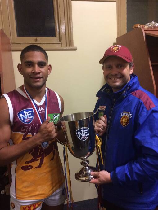SOUTH-WEST TIES: Camperdown export Cedric Cox and former Terang College teacher Paul Henriksen teamed up to win the NEAFL premiership with Brisbane.