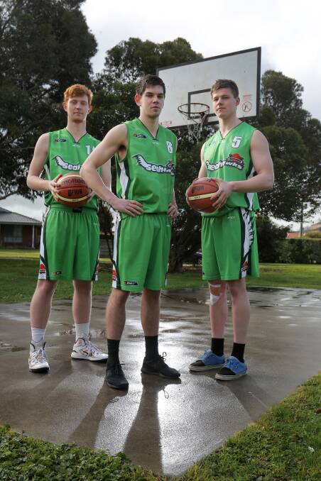 JOIN THE GREEN WAVE: Liam Killey, James Mitchell and Curtis Ryan are encouraging Seahawks fans to flock to the Arc for their Big V cut-throat final. Picture: Rob Gunstone 
