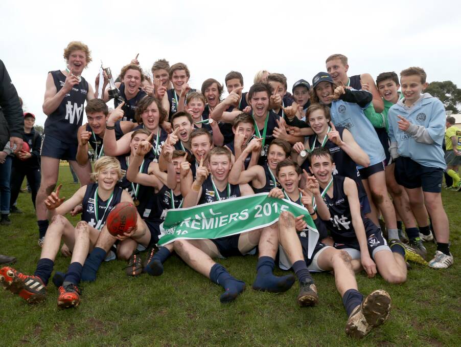 RISING TO THE TOP: Warrnambool rose from the elimination final to win the under 16 premiership. The Blues overcame Cobden in the grand final. Pictures: Amy Paton