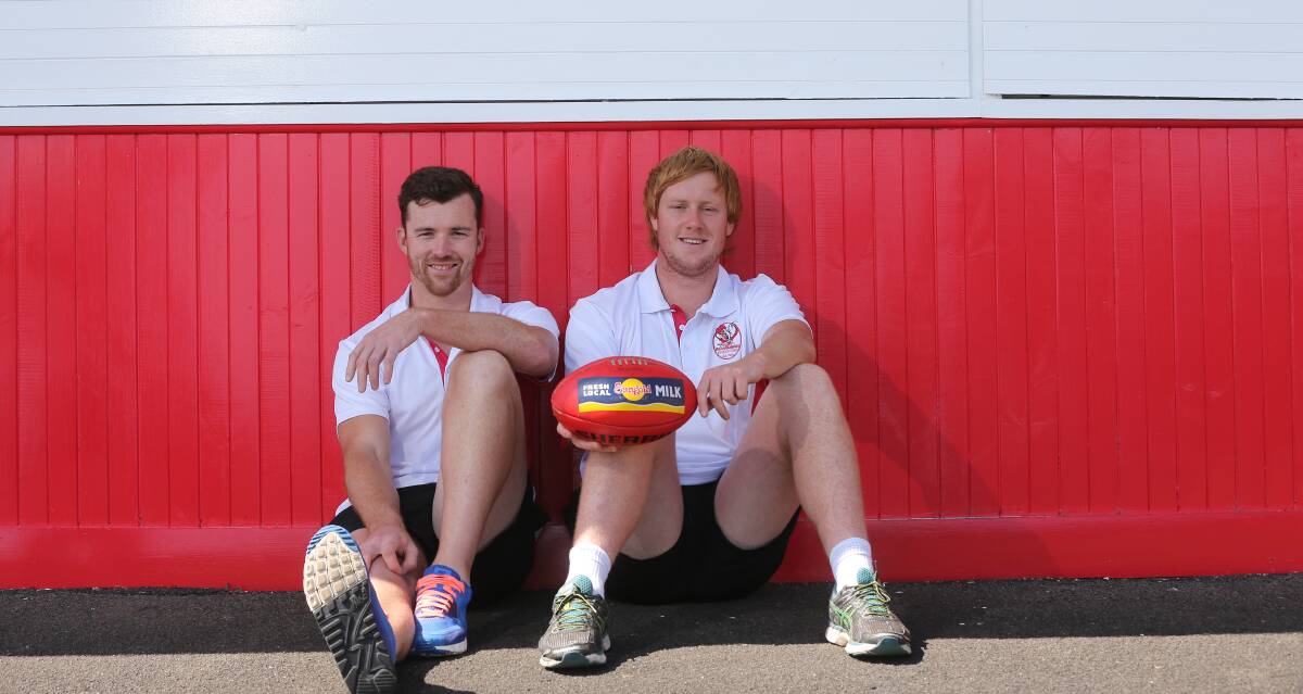 FRIENDLY WELCOME: South Warrnambool is thrilled to have tall timber Tom White and Manny Sandow arrive for the 2016 Hampden league season. Picture: Vicky Hughson