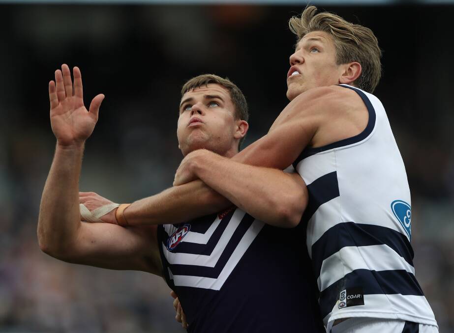 DOCKER DEBUT: Fremantle ruckman Sean Darcy, pictured opposed to Rhys Stanley, was impressive against Geelong on Sunday. Picture: Getty