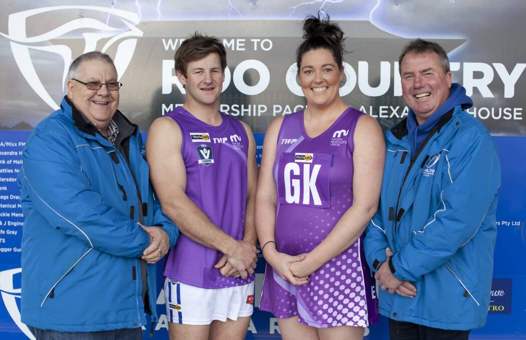 COLOUR SWAP: Kangaroos vice-chairman Kevin Manson, captain Hamish Waldron, netballer Rhianne Lewis and chairman John Pepper are supporting a good cause.