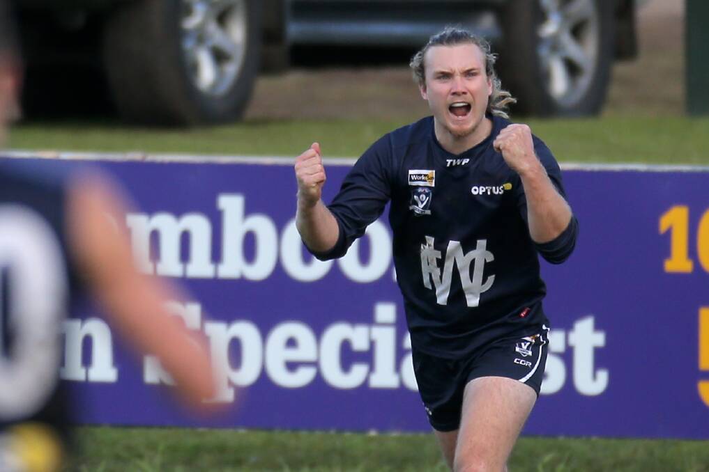 FOLLOW MY LEAD: Warrnambool forward Jed Turland celebrated a last-quarter goal against Portland in style. Picture: Rob Gunstone