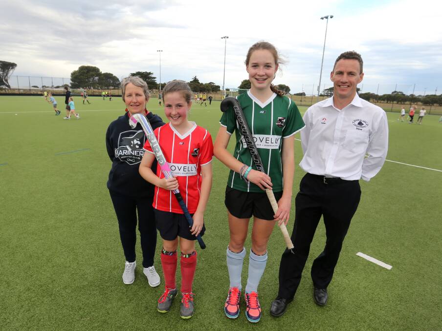GRATEFUL: Mariners junior development officer Jenny Elz, players Emily Abbott, 12, and Teri-Lynn Drummond, 15, and Steve Callaghan. Picture: Amy Paton