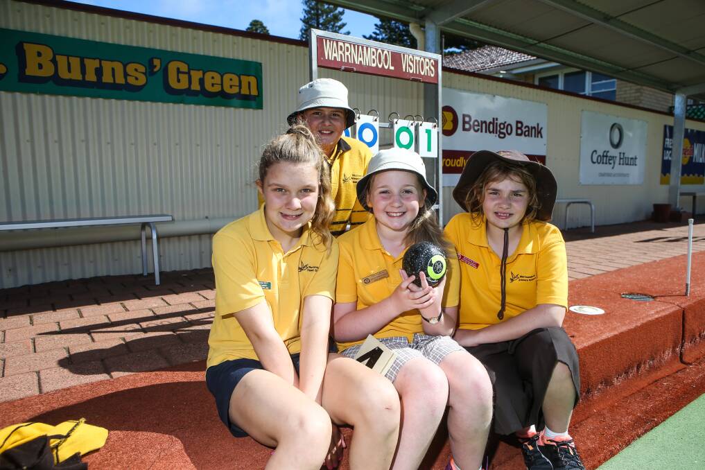NEW TEST: Warrnambool Primary School grade 6 students Jenna Boylan, Arley Street, Eliza Hoffman and Hayley Stephens got into the spirit during a School Sport Victoria lawn bowls competition. Picture: Amy Paton