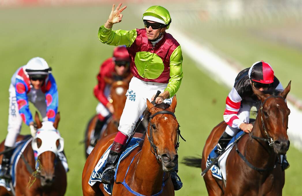 SALUTING THE CROWD: Set Square, pictured with Hugh Bowman in the saddle, is eyeing more success on Saturday. Picture: Getty Images