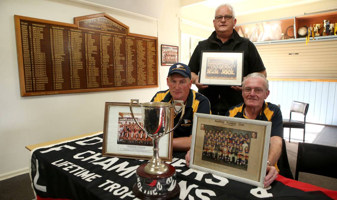 PROUD HISTORY: Loyal clubmen Mick McKinnon, Gerard Lynch and Sandy White have followed North Warrnambool Eagles' fortunes - the highs and the lows - for decades. Picture: Amy Paton