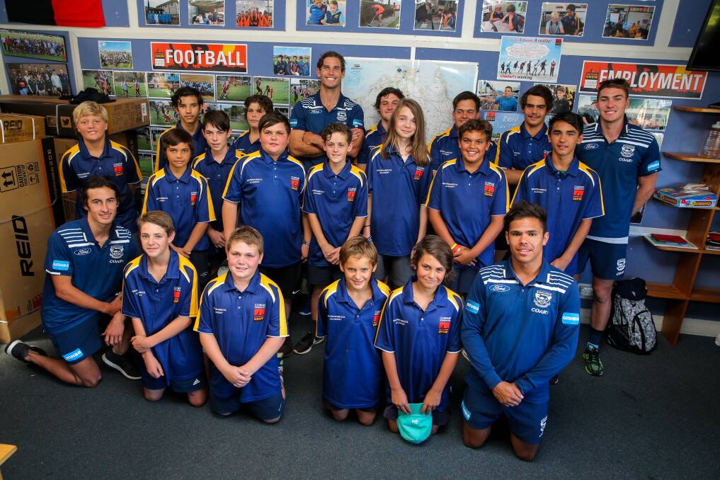 WE ARE GEELONG: Cats footballers (left to right) Sam Simpson, Tom Hawkins, Jamaine Jones and Jackson Thurlow spoke to Warrnambool Clontarf Academy students on Monday. Picture: Rob Gunstone
