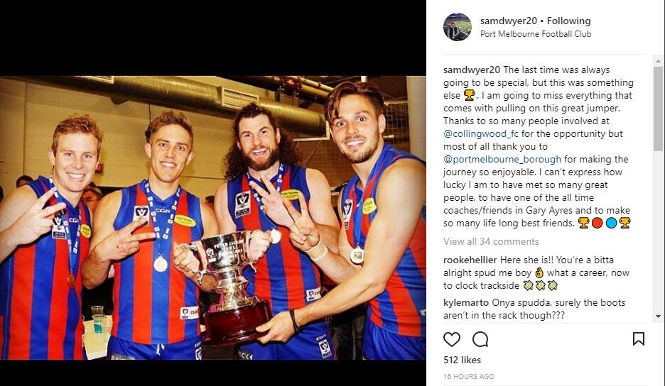 THANKS: Sam Dwyer (left) farewells Port Melbourne via his Instagram account. 