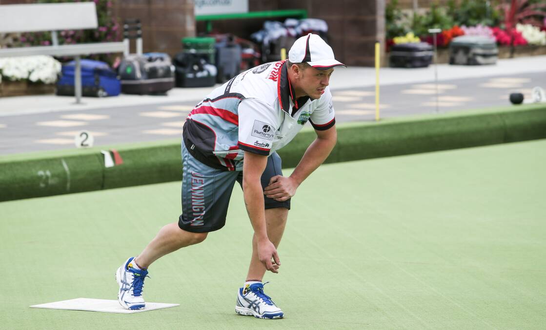 FIRST-GAMER: Dennington Red bowler Jarrod King plays a shot in his Western District Bowls Division division one debut. Picture: Amy Paton