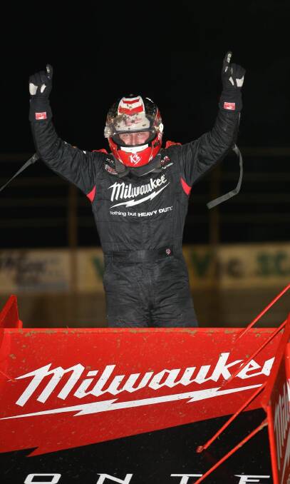 VICTORY: Californian driver Kyle Hirst celebrates winning Grand Annual Sprintcar Classic in early hours of January 26, 2015. Picture: Daniel Beard, Sprintcarzone