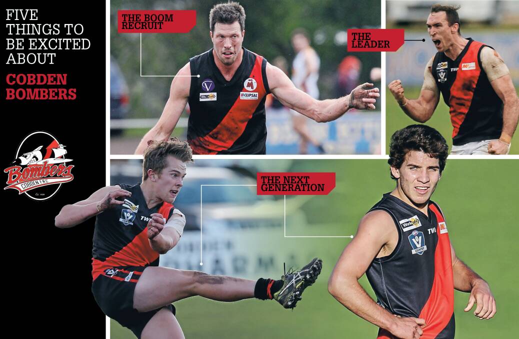 BOMBS AWAY: (clockwise) Paul Hinkley, Levi Dare, Joel Moriarty and Zac Green could take Cobden to the Hampden league pinnacle in 2018.