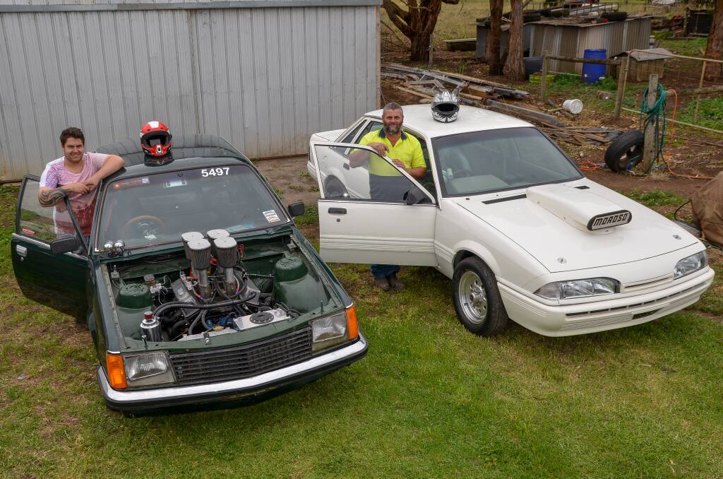 ENGINES SET: Koroit's Mathew and Andrew Gay are ready to test their new cars on the drag racing strip at Warrnambool airport on Sunday. Picture: Jesse Kelly