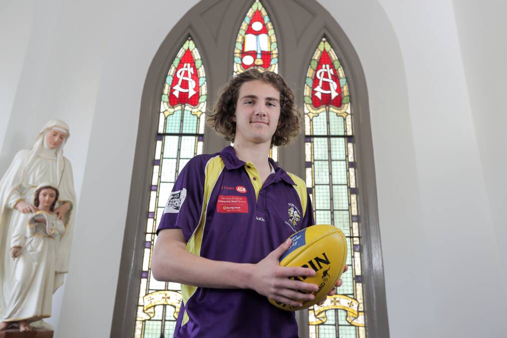 STUDYING UP: Emmanuel College student Josh Dwyer says he learned from Port Fairy's experienced players, such as captain Dan Nicholson, in 2017. At 16, he is the youngest in the Seagulls' grand final side. Picture: Rob Gunstone