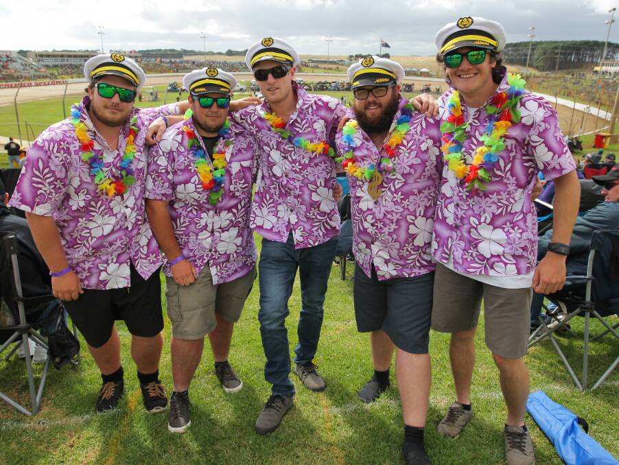 STANDING OUT FROM THE CROWD: Ryan Baron, Hayden Baron, Chris Johns, Ryan Aitken and Keenan Slater were all in matching attire at the classic.