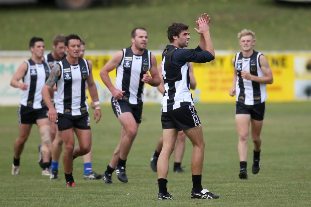 BIG LOSS: Camperdown skipper Jacob Mahony, pictured celebrating against Terang Mortlake in round two, is sidelined with a knee injury. Picture: Amy Paton