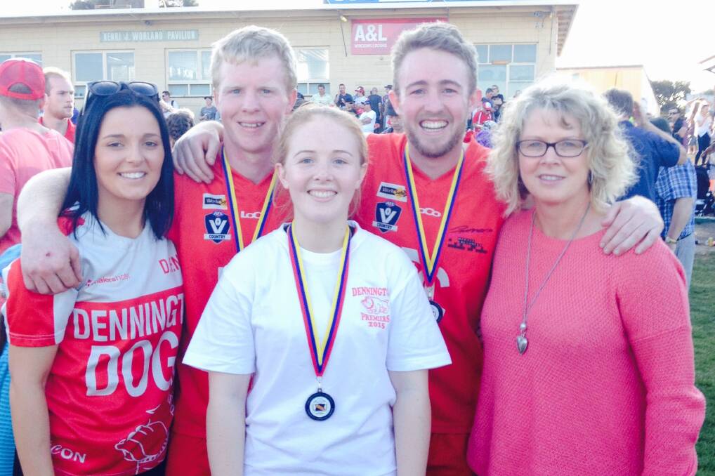 SHARED GLORY: Brothers Matthew and Brenton O'Rourke (pictured back) helped Dennington to a senior football premiership. They are pictured with Matthew's partner Nicole Teuma, their sister Caitlin and mother Maria.