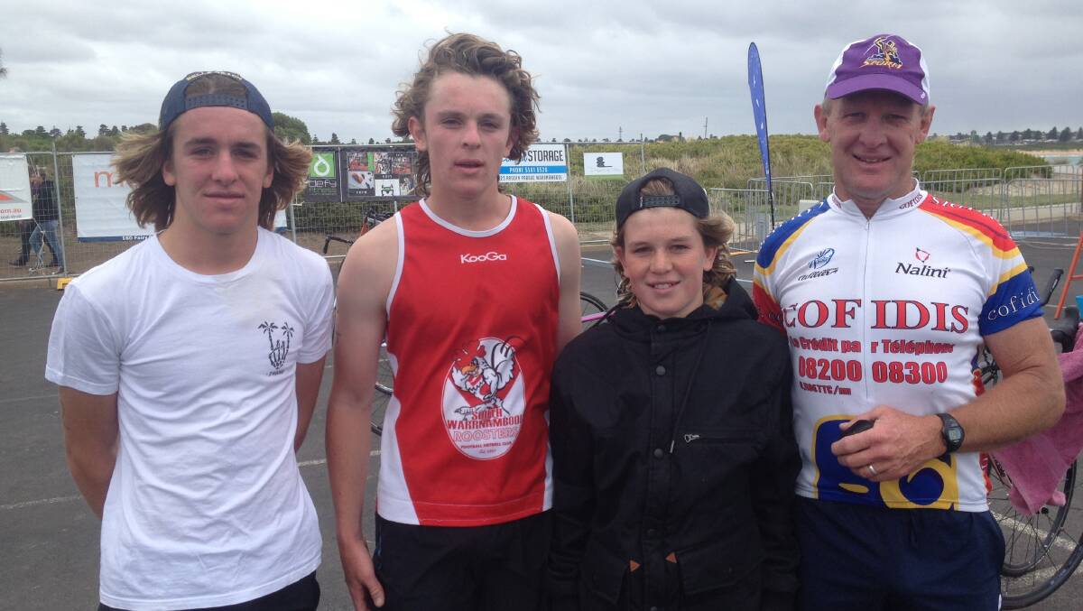 FAMILY: Chris Carr completed the 2015 Warrnambool foreshore triathlon with his sons, from left, Paddy, Bowen and Hayden. Picture: Anthony Brady