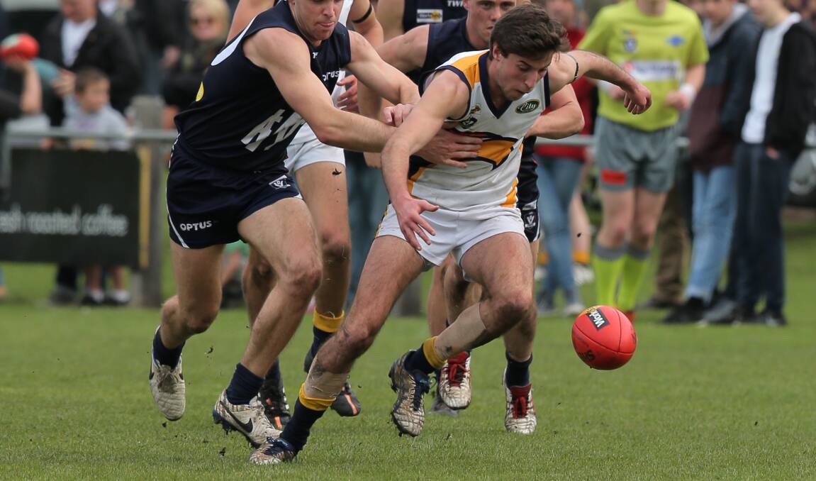 COMEBACK: North Warrnambool Eagles speedster Tim O'Brien, pictured chasing the ball in one of his most recent senior appearances back in 2015, will make his return to the top-grade team this Saturday.