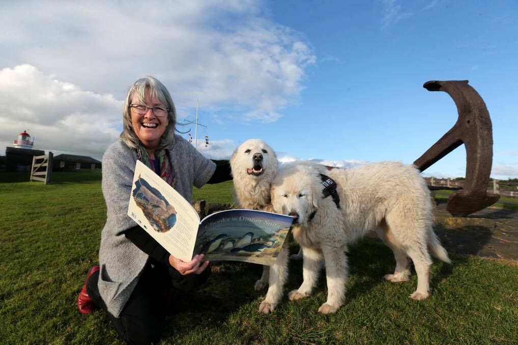 Eco-friendly: Queenscliffe author Diane Jackson Hill (pictured here with maremma's Eudy and Tula) has won 2017 Environmental Award for Children’s Literature for her book  'Chooks in Dinner Suits' about the Middle Island Project.