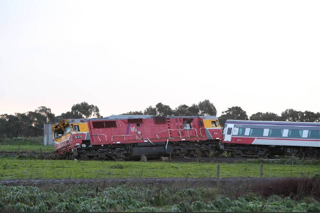 The damaged train off its tracks at Pirron Yallock in July last year. Picture: Amy Paton