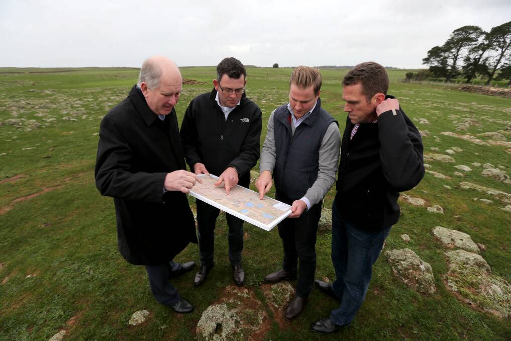 Victorian planning minister Richard Wynne, premier Daniel Andrews and representatives from Trustpower at the announcement approving the Dundonnell Wind Farm. Picture: Rob Gunstone