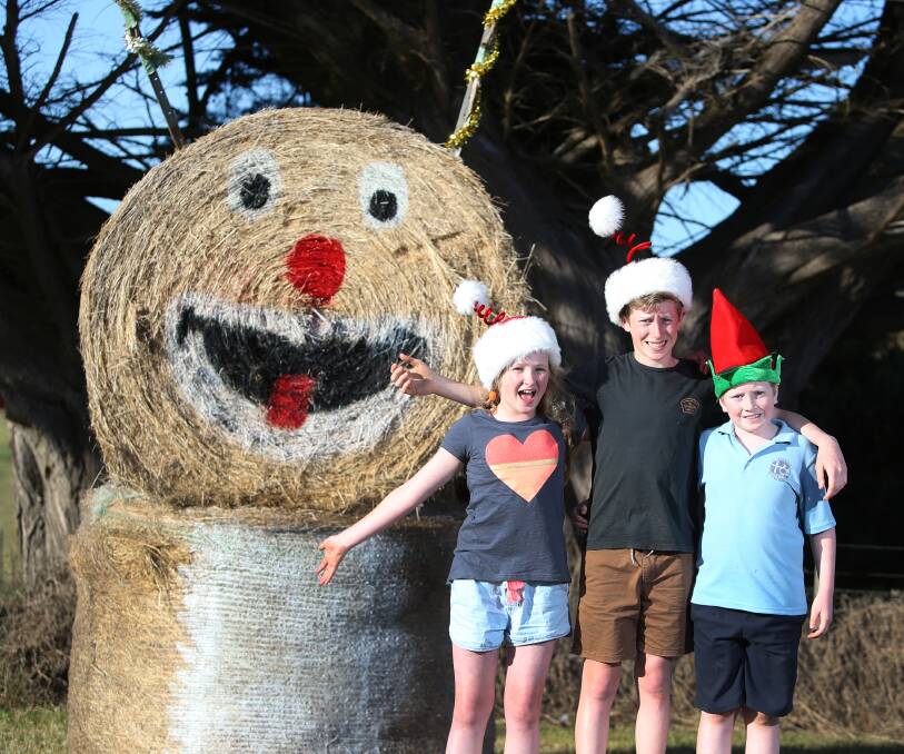 Merry: Milly, 11, Tom, 13, and Sam Graham, 8, with the reindeer they decorated for Yambuk and district's Christmas Hay Bale Trail. Picture: Amy Paton