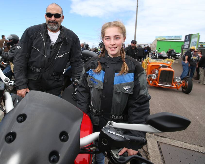 Next generation: Victor DeBono and his daughter Jasmyn about to head off on the 20th annual Warrnambool Toy Run on Saturday. Picture: Amy Paton 