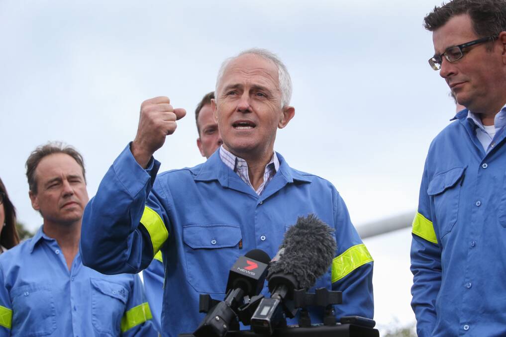 FUTURE SECURED: Prime Minister Malcolm Turnbull shows his passion as he fronts the press after announcing a deal to keep Alcoa Portland Aluminium open. Picture: Amy Paton