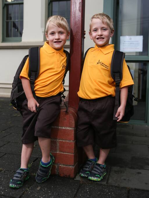 Ready to go: Twins Hunter and Dylan Howard, 5, are excited to start prep at Warrnambool Primary School on Thursday. Picture: Amy Paton