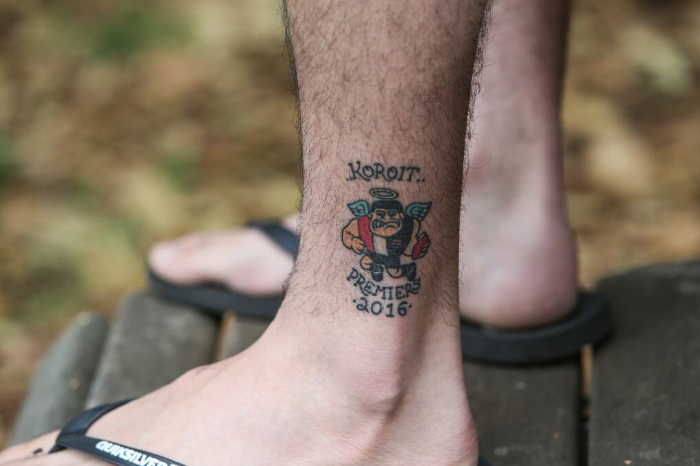 TEAM PRIDE: Jarrod Korewha got a tattoo on his leg after winning his first premiership with Koroit last season. Picture: Amy Paton