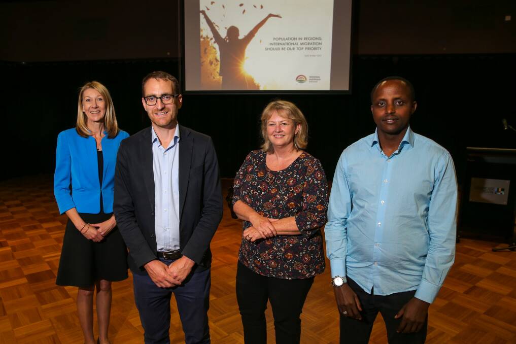 Population proposal: Amanda Hennessy, Leadership Great South Coast, Jack Archer, Regional Australia Institute, Lynda Ford, iGen Foundation, and Emmanuel Musoni, Great Lakes Agency for Peace and Development, facilitated a discussion about increasing populations in regional areas. Picture: Rob Gunstone