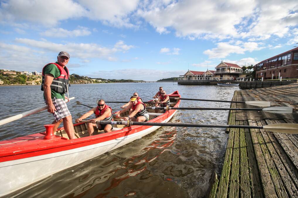 Noel Read, Damian Thornton, Travis Thornton, Troy Shiells, Aaron Irvine and Peter Ivanecky head out on their dragon boat onto the Hopkins River in preparation for the 2017 South West Regatta. Picture: Amy Paton