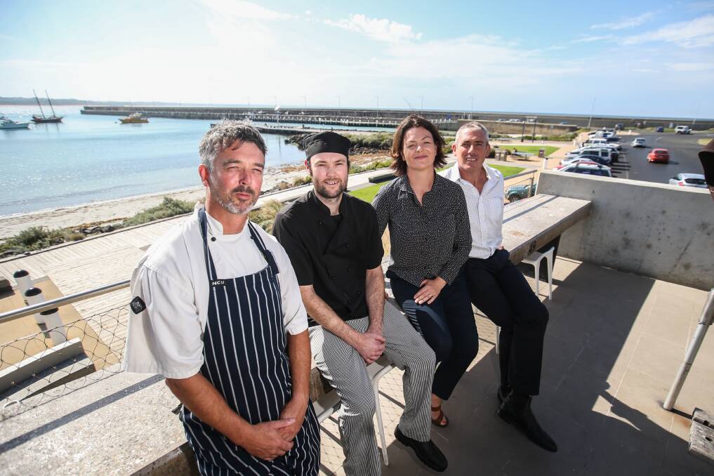 NEW VENTURES: Warrnambool's Pavilion Cafe and Bar new chef Chris Considine, exiting chef and Fat Cow owner Jimmy Davis and Pavilion owners Mary-Ellen and Jon Watson are excited about upcoming changes. Picture: Amy Paton