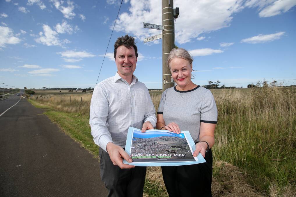 GROWING: Warrnambool City Council city growth director Andrew Paton and manager of city strategy and development Jodie McNamara on Aberline Road. Picture: Amy Paton