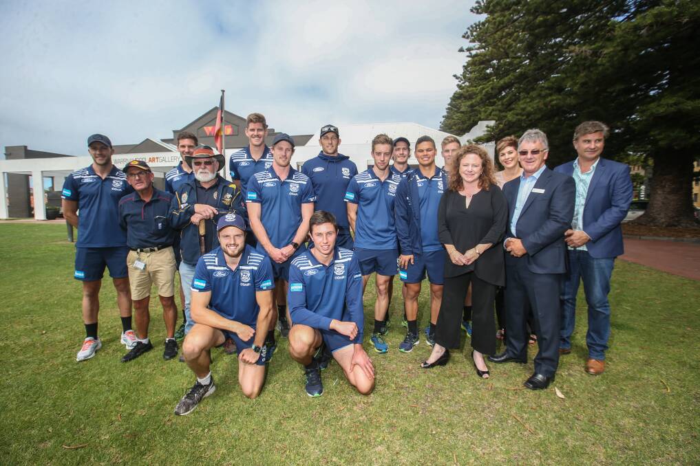 WELCOME Geelong Cats players arrive in Warrnambool to a Welcome to Country and meet with Warrnambool City Council representatives. Picture: Amy Paton