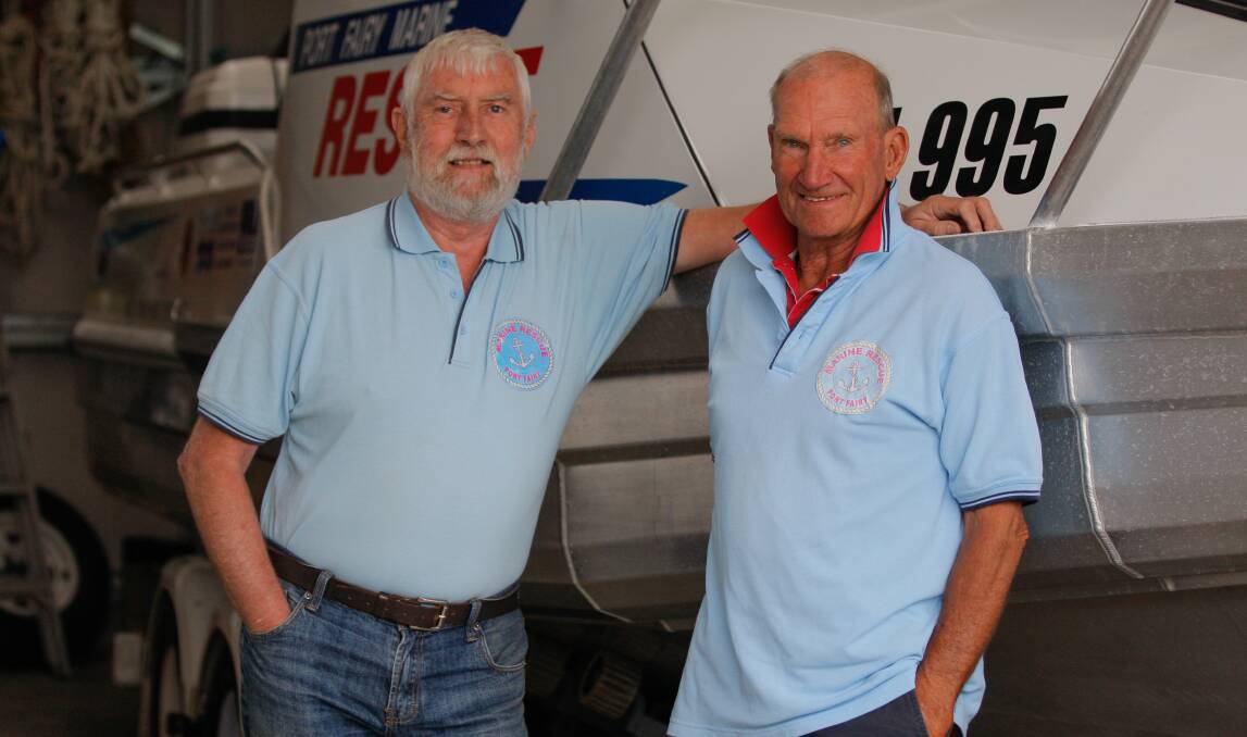 Smooth sailing: Port Fairy Marine Rescue Service president Russell Lemke and member Max Holmes are excited about two emergency services grants the group will soon receive. Picture: Morgan Hancock