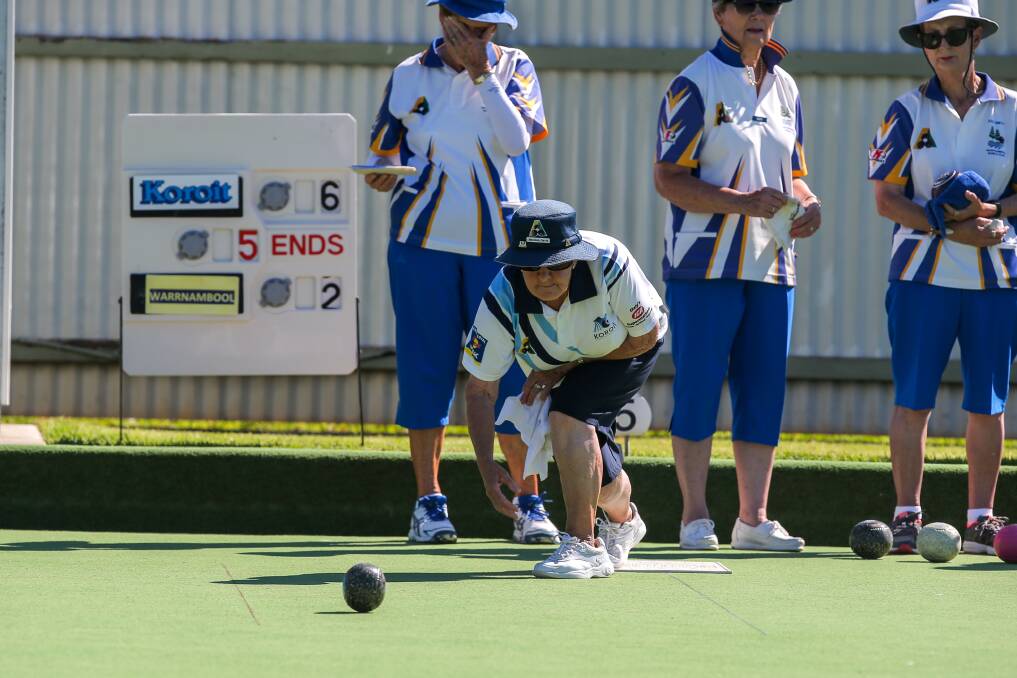 STRATEGY: Koroit Orange's Maureen Gavin sends her bowl out wide against Warrnambool Gold in the Western District Bowls Division Tuesday pennant clash.