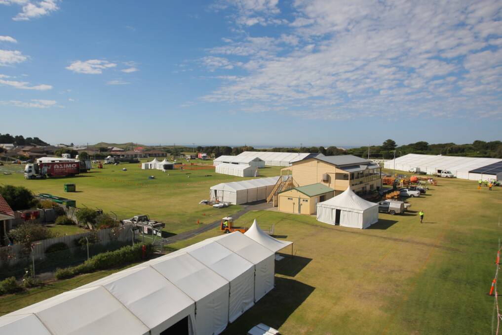 Crews are hard at work getting Southcombe Park ready for the 2017 Port Fairy Folk Festival. Pictures by Morgan Hancock.