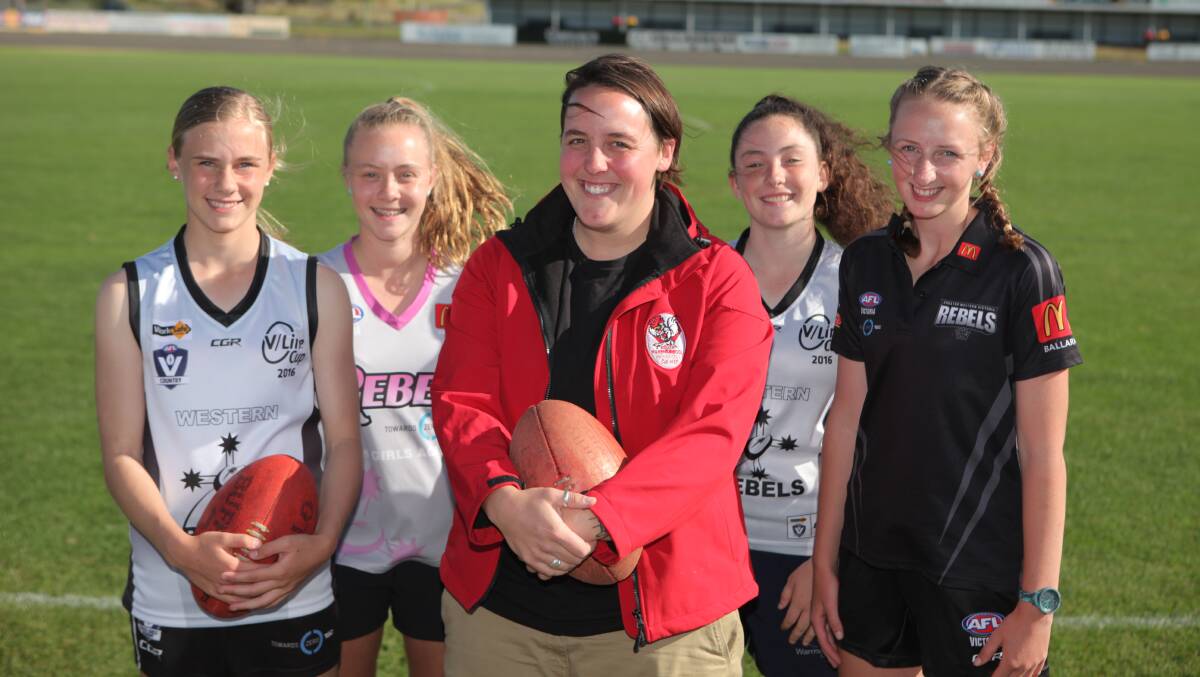 ON THE UP: Alicia Drew and South Warrnambool youth girls players Renee Saulitis, 14, Ruby Cross, 14, Jayda Page, 14, and Caitlyn Smith, 16. Picture: Susie Giese
