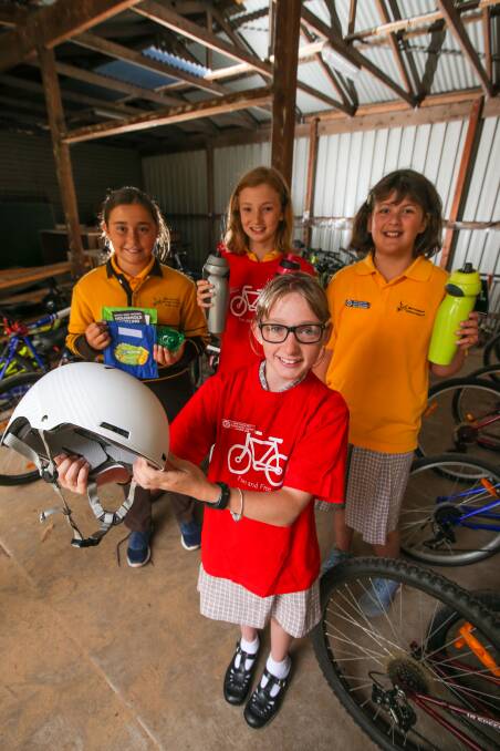 Pumped up: Warrnambool Primary School Sustainability Captains Madelaine Bryant, 11, Scarlett Westhorpe, 11, Laura Lee, 12, and Milla Darmanin, 11, are hoping all students will Ride 2 School on Friday. Picture: Rob Gunstone